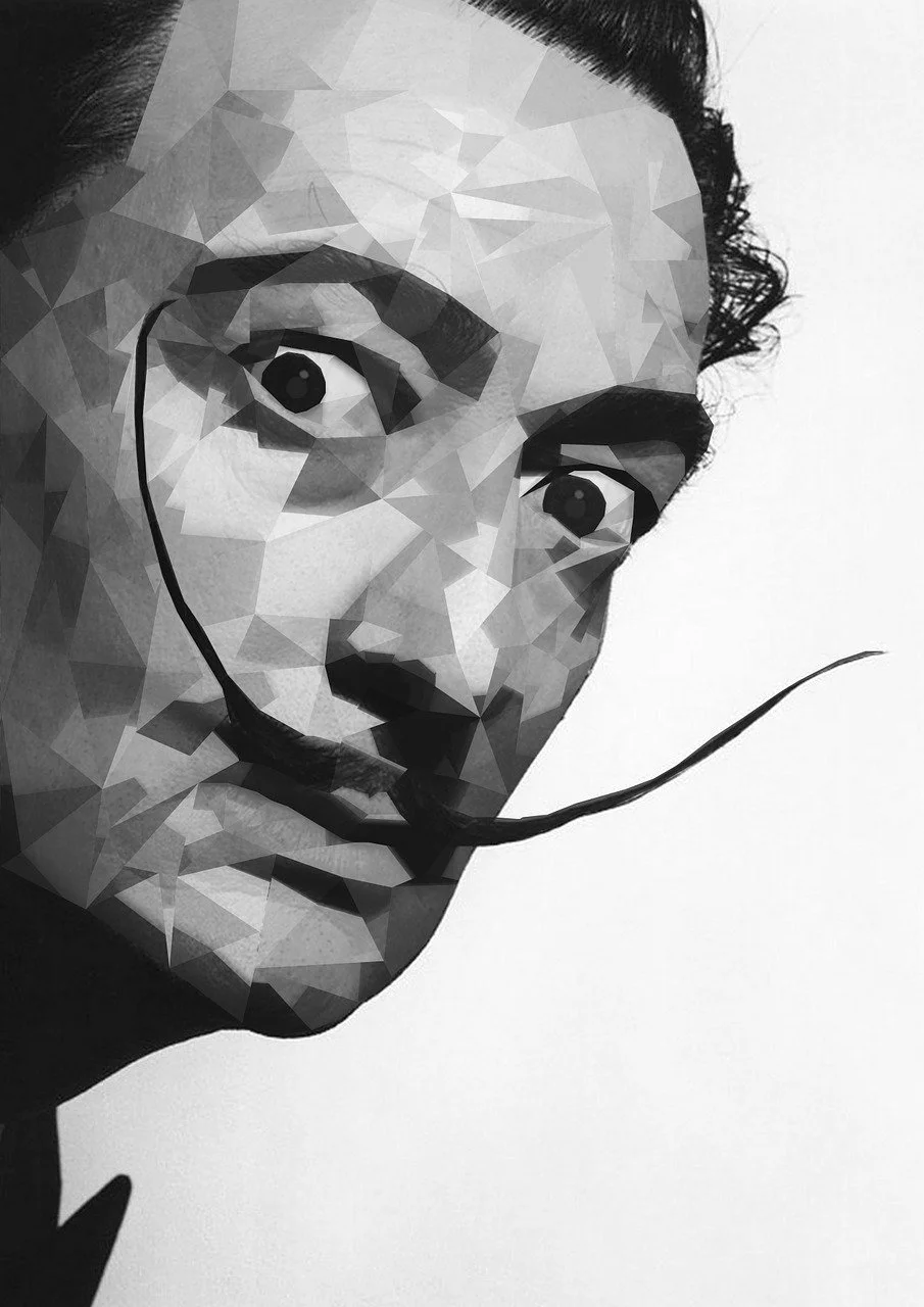 Pintura de Salvador Dalí en blanco y negro con polígonos